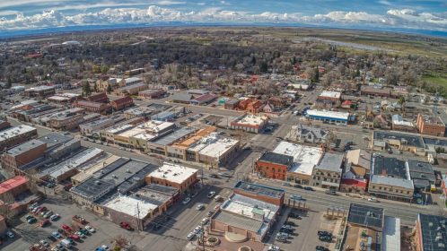 Aerial View of Downtown Alamosa and Train Station in Spring