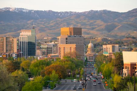 The Idaho State Capital Building Peaks Out Between Structures in Boise